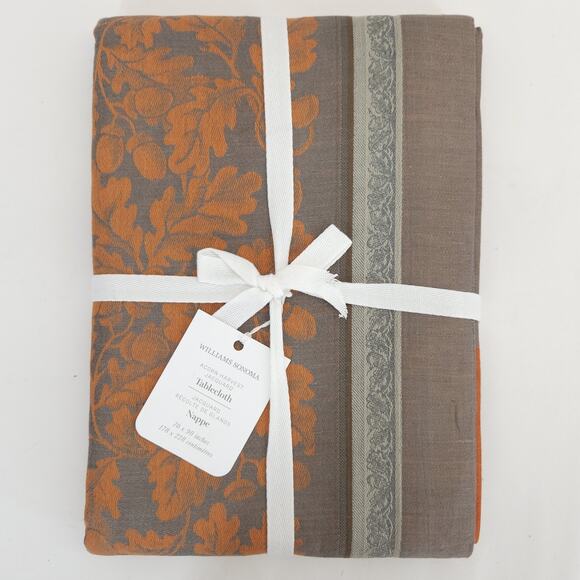 Williams Sonoma Thanksgiving Tablecloth Acorn Harvest Jacquard Linen Blend 70x90 - Picture 1 of 6